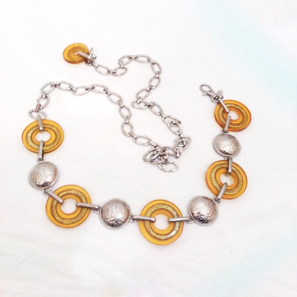 Chico’s Silver Chain Belt Amber Disc Circle Hammered Silver Cap